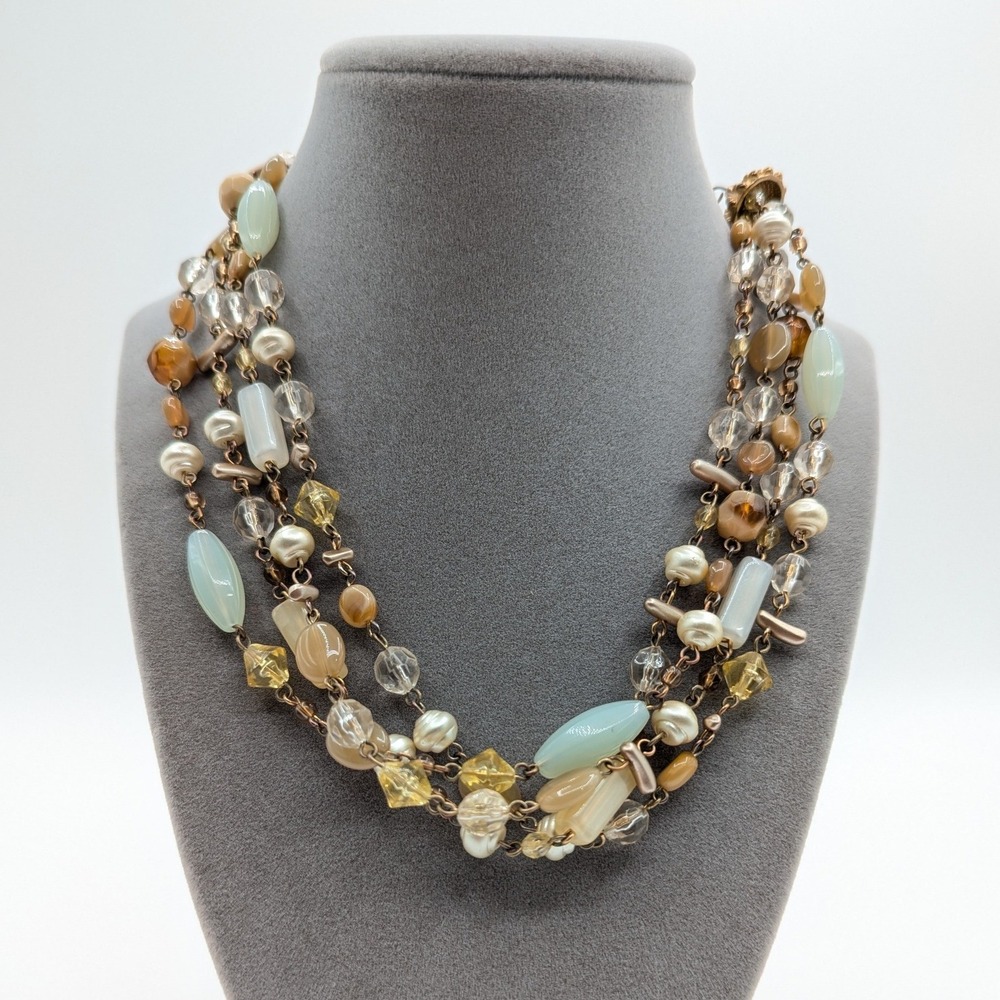 Multi Strand Beaded Necklace Gold Tone Earth Tone Green Amber Faux Pearl 16-19in